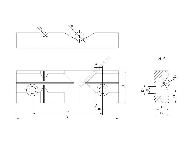 Rysunek techniczny: Szczęka do imadła pryzmowa WSP 100 mm do typu: 6512,6530,6537 (większy otwór) - BISON-BIAL